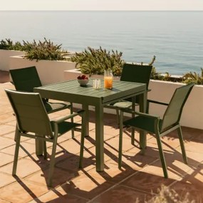 Uitbreidbare Tuintafelset 90-180x90 Cm In Aluminium Starmi En 4 Stapelbare Tuinstoelen In Aluminium Karena Groen – Intens Olijf - Sklum