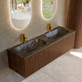 Mondiaz Kurve-dlux 150cm badmeubel walnut met 2 lades en wastafel stor small dubbel 2 kraangaten lava