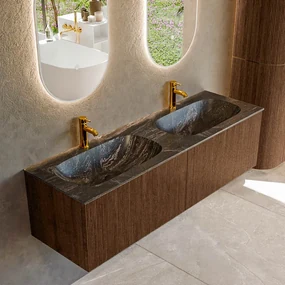 Mondiaz Kurve-dlux 150cm badmeubel walnut met 2 lades en wastafel stor small dubbel 2 kraangaten lava