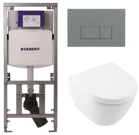 Villeroy & Boch Subway 2.0 compact DirectFlush Toiletset - Geberit reservoir - softclose - quickrelease - bedieningsplaat bedieningsplaat licht grijs - rechthoekige knoppen - wit 0701131/1024232/SW1102375/1025456/