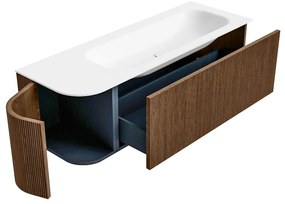 Mondiaz Kurve 135cm badmeubel ronding links walnut met 1 lade en deur en wastafel big medium kraangat rechts