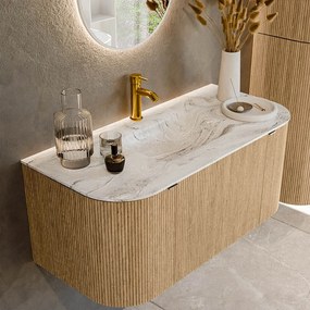 Mondiaz Kurve-dlux 100cm badmeubel ronding links/rechts oak met 1 lade en 2 deuren en wastafel grunne midden 1 kraangat glace