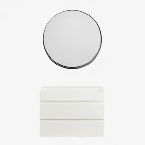 Ona Zwevend Badkamermeubelset Van Hout En Essenfineer Met Geïntegreerde Wastafel Wit & Round Led And Antifog Zwart Ø80 Cm Kimacs & Zonder - Sklum