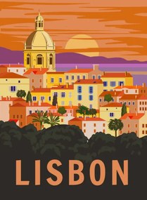 Ilustratie Lisbon VintageTravel Poster. Portugal cityscape landmark,, VectorUp, (30 x 40 cm)