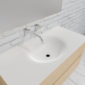 Zaro Sevilla Solid Surface badmeubel 100cm licht eiken zonder kraangat spoelbak midden met 2 lades