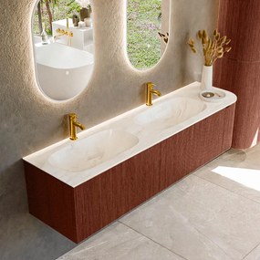 Mondiaz Kurve-dlux 175cm badmeubel ronding rechts ruby met 2 lades en 1 deur en wastafel stor small dubbel/links 2 kraangaten ostra
