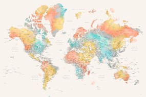 Kaart Detailed colorful watercolor world map, Fifi, Blursbyai, (40 x 26.7 cm)
