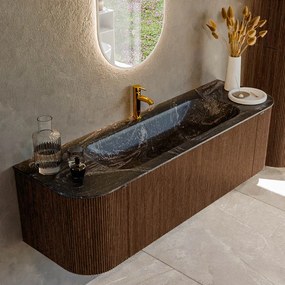 Mondiaz Kurve-dlux 150cm badmeubel ronding links/rechts walnut met 1 lade en 2 deuren en wastafel big medium midden 1 kraangat lava