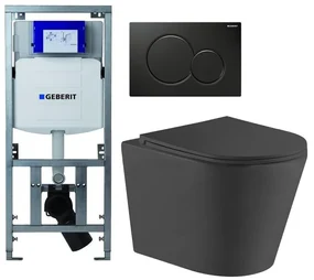 QeramiQ Dely Toiletset - Geberit UP320 Burda inbouwreservoir - zwart glanzende bedieningsplaat - toilet - zitting - mat zwart 0701131/0700524/SW1000768/SW1026253