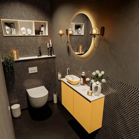 Mondiaz Fowy toiletmeubel 80cm ocher met gele waskom links en kraangat