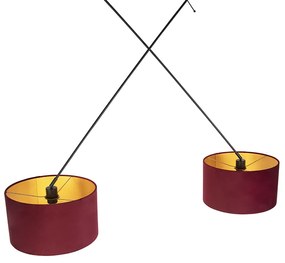 Hanglamp zwart met velours kappen rood met goud 35 cm 2-lichts - Blitz