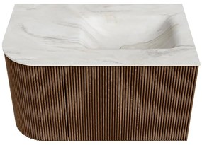 Mondiaz Kurve-dlux 75cm badmeubel ronding links walnut met 1 lade en deur en wastafel grunne rechts zonder kraangat ostra