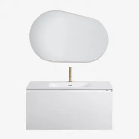 Macrae Zwevend Houten Badkamermeubelset Met Geïntegreerde Wastafel Wit & Ovaal Led En Anticondens 100x80 Cm Riben & Geborsteld Goud ↑20 Cm Met Overloo