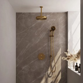 Brauer Stripe inbouw regendouche rond met 25cm hoofddouche, rond met plafondarm, glijstang en 3 standen handdouche set 48 messing geborsteld PVD