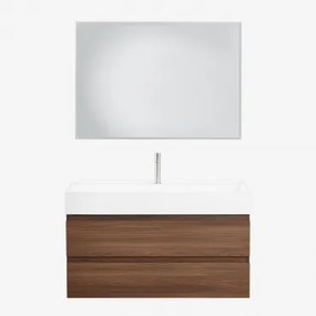 Badkamermeubelset Van Hout En Essenhoutfineer Met Geïntegreerde Wastafel Ona Donker Hout & Rechthoekige Led En Anticondens 100x70 Cm Tamsin - Sklum