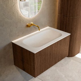 Mondiaz Kurve 80cm badmeubel walnut met 1 lade en wastafel big small midden zonder kraangat
