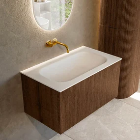 Mondiaz Kurve 80cm badmeubel walnut met 1 lade en wastafel big small midden zonder kraangat
