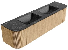 Mondiaz Kurve-dlux 180cm badmeubel ronding links/rechts oak met 2 lades en deuren en wastafel leaf dubbel 2 kraangaten lava
