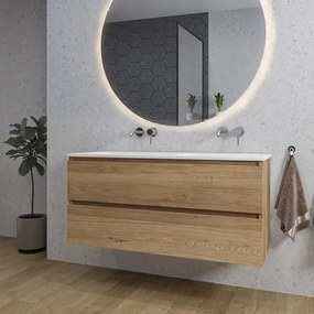 Adema Chaci Badkamermeubelset - 120x46x57cm - 2 keramische wasbakken wit - zonder kraangaten - 2 lades - ronde spiegel met verlichting - eiken SW718703/SW773928/SW161923