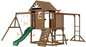 VEVOR Houten Schommelset 10-in-1 Speeltuinsets voor in de achtertuin, 2 schommels, trapezebar, 1,8 m glijbaan, groot bovenfort, platte trapladder, klimwand, picknicktafel, zandbak, aanvalsladder