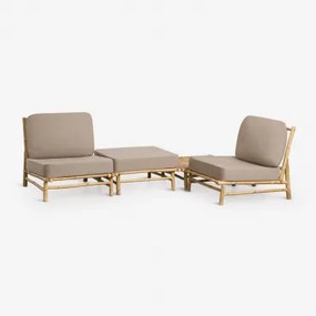Tuinset Met 2 Fauteuils, Poef En Vierkante Salontafel 75x75 Cm Van Bamboe Isendra Mokka Bruine Stof - Sklum
