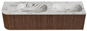 Mondiaz Kurve-dlux 165cm badmeubel ronding links walnut met 2 lades en 1 deur en wastafel stor small dubbel/rechts 2 kraangaten glace