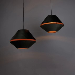 Hanglamp zwart met dubbele velours lampenkap groen met gouden binnenkant 2-lichts - Cava Luxe