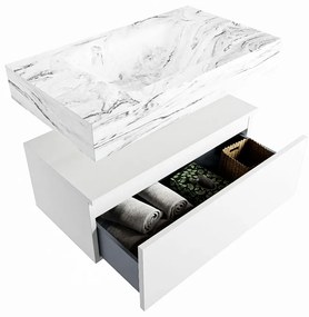 Mondiaz Alan DLux badmeubel 80cm talc 1 lade met wastafel glace midden zonder kraangat