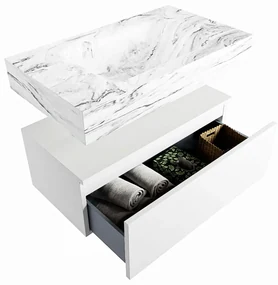 Mondiaz Alan DLux badmeubel 80cm talc 1 lade met wastafel glace midden zonder kraangat