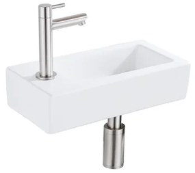 QeramiQ Fuente Fonteinset - 37.5x18.5x9cm - keramiek - kraangat links - fonteinkraan geborsteld RVS - afvoerplug - verlaagd sifon - Mat wit SW1122450/SW696207/SW696217/SW696237