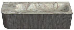 Mondiaz Kurve-dlux 145cm badmeubel ronding links shadow met 1 lade en deur en wastafel big large rechts 2 kraangaten glace