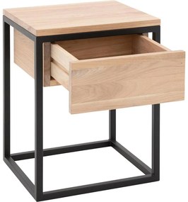 Goossens Nachtkastje Lord, Metaal ral 9005 zwart, met lade en bovenblad massief eik, 40 x 35 x 57 cm hoog