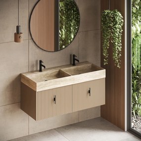 Muebles Zahora badmeubel ribbelfront 120cm macchiato met White Travertin wastafel met kraangaten