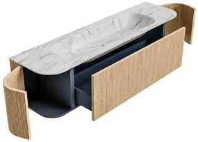 Mondiaz Kurve-dlux 170cm badmeubel ronding links/rechts oak met 1 lade en 2 deuren en wastafel big large midden 2 kraangaten glace