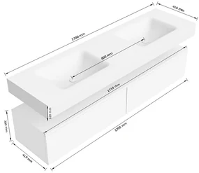 Zaro Alan badmeubel 170cm talc 2 lades met vrijhangende wastafel cloud dubbel zonder kraangat talc