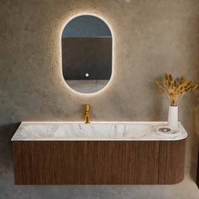 Mondiaz Kurve-dlux 145cm badmeubel ronding rechts walnut met 1 lade en deur en wastafel big large kraangat links glace