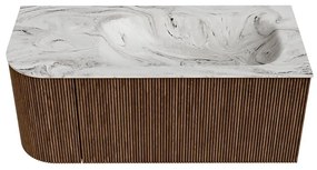 Mondiaz Kurve-dlux 105cm badmeubel ronding links walnut met 1 lade en deur en wastafel big small rechts zonder kraangat glace