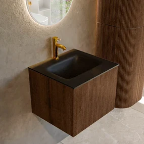 Mondiaz Kurve 50cm badmeubel walnut met 1 lade en wastafel grunne midden 1 kraangat urban