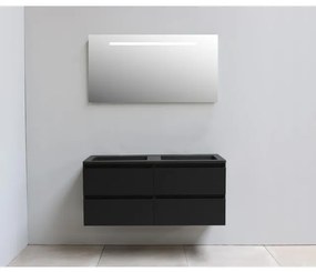 Basic Bella Badkamermeubelset - 120x55x46cm - 2 wasbakken - Acryl - Zwart - 0 kraangaten - Wandspiegel met verlichting - Spaanplaat Zwart mat SWFP120MZZ0SPIL