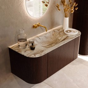 Mondiaz Kurve-dlux 110cm badmeubel ronding links/rechts ruby met 1 lade en 2 deuren en wastafel cloud midden zonder kraangat glace