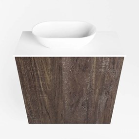 Mondiaz Fowy toiletmeubel 50cm dark brown met witte waskom links en kraangat