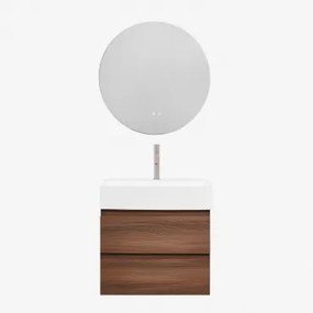 Badkamermeubelset Van Hout En Essenhoutfineer Met Geïntegreerde Wastafel Ona Donker Hout & Round Led And Antifog Ø70 Cm Solyn & Bruin - Sklum
