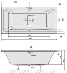 Polysan Marlene Slim ligbad 180x80x48cm wit