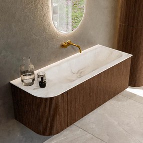 Mondiaz Kurve-dlux 125cm badmeubel ronding links walnut met 1 lade en deur en wastafel big medium rechts zonder kraangat frappe
