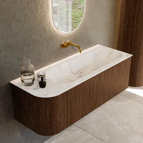 Mondiaz Kurve-dlux 125cm badmeubel ronding links walnut met 1 lade en deur en wastafel big medium rechts zonder kraangat frappe