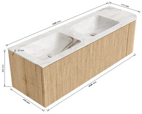 Mondiaz Kurve-dlux 145cm badmeubel ronding rechts oak met 1 lade en deur en wastafel leaf dubbel/links zonder kraangat opalo