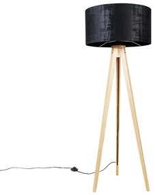 Vloerlamp hout met stoffen kap zwart 50 cm - Tripod Classic Modern E27 rond Binnenverlichting Lamp