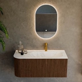 Mondiaz Kurve-dlux 105cm badmeubel ronding links walnut met 1 lade en deur en wastafel big small kraangat rechts ostra