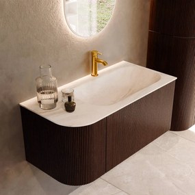 Mondiaz Kurve-dlux 95cm badmeubel ronding links ruby met 1 lade en deur en wastafel big small kraangat rechts ostra