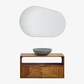 Baty Mangohouten Badkamermeubelset Mangohout & Rond Grijs Cement Ø40 Cm Tarsis & Ovaal Led En Anticondens 100x80 Cm Riben & Zonder Kraan - Sklum